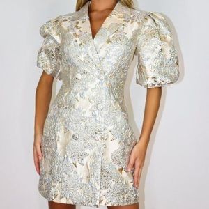 Misguided blue metallic gold dress with puff sleeves size 12